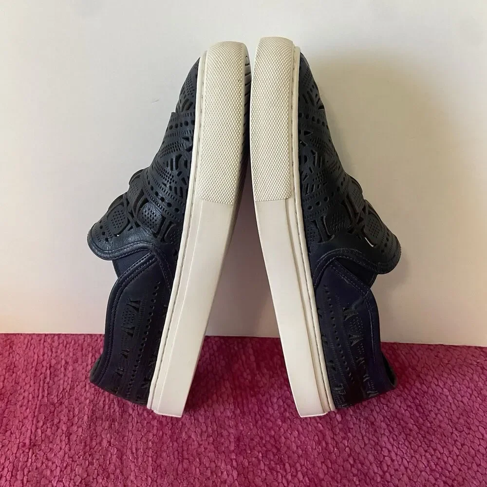 Tory Burch Lennon Slip On Leather Sneakers Laser Perforated Navy Blue Size 8.5M